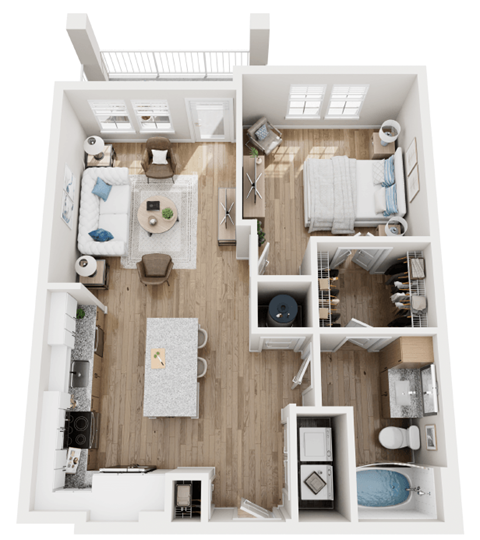 Floor plan for 1 bed, 1 bath, 750 sqft